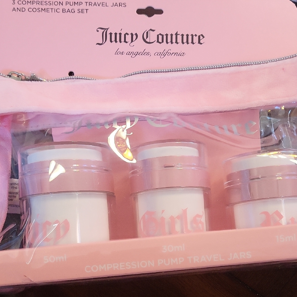 Juicy Couture Pink and White Compression Pump Travel Jar Set